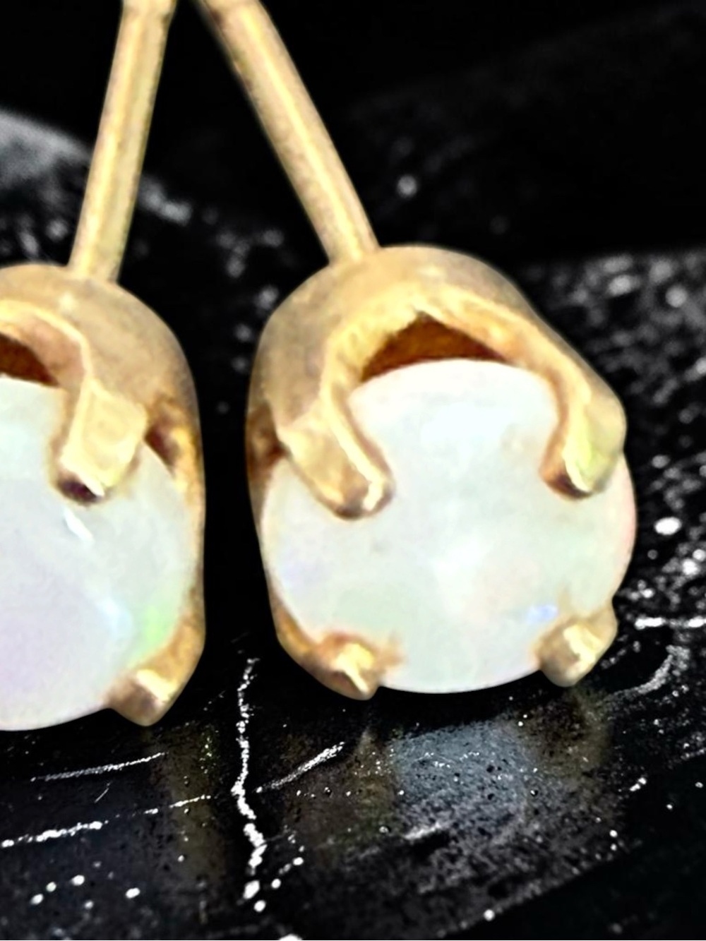 Gold Opal Stud Earrings - White Opal Prong Set